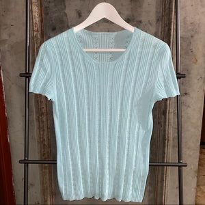 Chanel Baby Blue Ribbed cc Logo Knit Tee Shirt